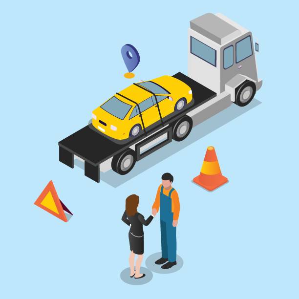 Male tow truck operator hand shake with a woman 3d isometric vector illustration